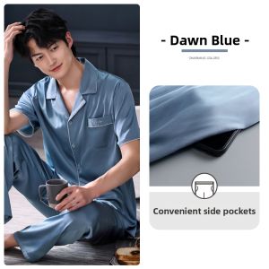 JIALEFEN | Mens Summer Silk-like Sleepwear Short Sleeve and Long Pants
