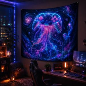 VIKAMA Neon Glow Jellyfish Bộ Điều Khiển Trò Chơi Blacklight Wall Tapestry Trippy Ocean Theo Chủ Đề Trang Trí Phòng Chơi Game Polyester Mềm Mại Bền