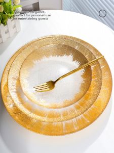 Luxury Gold Foil European Style Glass Plate Golden Cutlery Hotel Steak Plate Western Dining Plate Wedding Sample Room Display