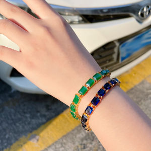 SEQUITO African Style Classy Women Jewelry Yellow Gold Plated Full Paved Setting Baguette Cut AAA Green Frosted Stone Elegant Evening Party Bracelet Bangle B191