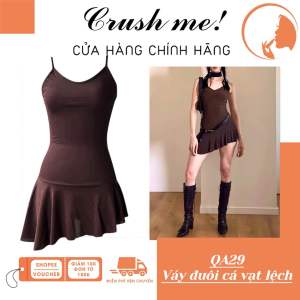Crush me QA29 Đầm nâu váy hai dây liền thân đuôi cá dáng ngắn vạt lệch bèo nhún xéo bất đối xứng ôm body y2k balletcore