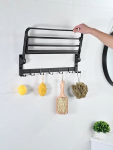 [OKLIFE. SG]Towel Rack Folding Towel Hanger Toilet Brush Bathroom Accessorie/Black Bathroom Storage Hardware Storage Rack