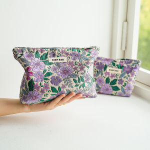 กระเป๋าแต่งหน้าผู้หญิง jacquard สีม่วง กระเป๋าเก็บเครื่องสําอางความจุขนาดใหญ่แบบพกพา กระเป๋าใส่อุปกรณ์อาบน้ําสําหรับเดินทาง กระเป๋าถังด้านใน