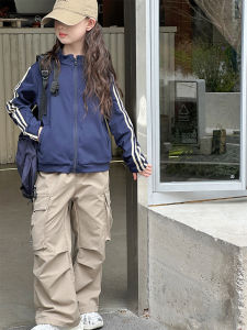 Girls Spring Autumn Jacket Stand Collar Sporty Outerwear Casual Style Zipper Closure Solid Color Fashionable for Big Kids