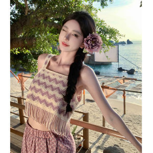 Original Sanya Seaside Vacation Style Show White Purple Color Pants Split Trousers Elastic Waist Mop Pants Yunnan Trip Shoot