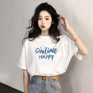 White Loose Fit Womens T-Shirt Short Sleeve Korean Style Casual Cotton Summer Fashion Trendy Top Slimming Effectiveness