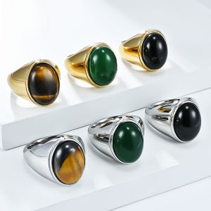 Kemstone Men’s Oval Gemstone Titanium Steel Ring Fashion Tiger Eye Black Stone Jewelry