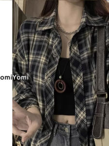 Hong Kong Style Retro Plaid Shirt Womens Spring & Fall Bandage Dress Stylish Niche Style Korean Style Long Sleeves Shirt Loose Cardigan Coat