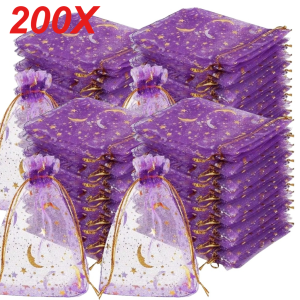 200PCS Purple Moon Stars Drawstring Organza Bags Jewelry Gift Bags Pouches Gold Star Organza Favor Pouches for Christmas Wedding