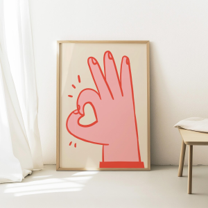 Minimalist Pink OK Hand with Heart Wall Decor Print - Cute Trendy Line Art of a Pink Hand Making an "OK" Gesture with a Heart