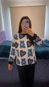 LD 120 One Set Hacibee Setelan Bahan Babyterry Atasan Motif Dan Celana Panjang Wanita Polos Lengan Panjang