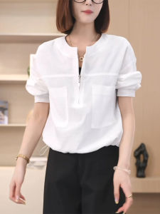 Ladies White Loose Fit round Neck Shirt 2025 New Early Autumn Fashionable Age-Defying Zipper Closure Casual Top