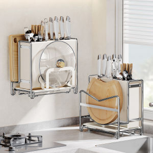 ชั้นวางของในครัวแบบติดผนังพร้อมตะขอสำหรับจัดเก็บของใช้ในครัว แผ่นรองมีด ตะกร้าสำหรับวางข้าวต้ม ที่แขวนหม้อ ช่องเก็บของสำหรับวางจาน ชั้นวางของสำหรับวางของในครัว