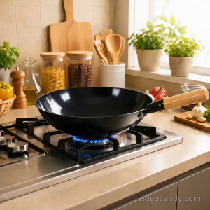 Cast Iron Enamel Wok with Wooden Handle