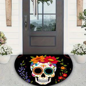 VIKAMA Mexican Sugar Skull Half‑Circle Doormat Vibrant Floral Print Non‑Slip Mat for Front Door Indoor Outdoor Home Decor