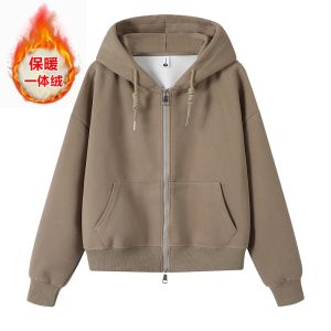 Womens Spring Autumn Zipper Hoodie Jacket Short Style Korean Version Red Color Block Long Sleeve Comfortable Fit Sweatshirt