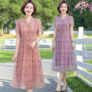 เสื้อผ้าคุณแม่วัยกลางคนชุดเดรสผ้าชีฟองแขนสั้นยาวคลุมเข่าเก็บเอวลายดอกไม้เล็กๆใส่ช่วงฤดูร้อนสำหรับผู้หญิงวัยกลางคนและผู้สูงอายุ