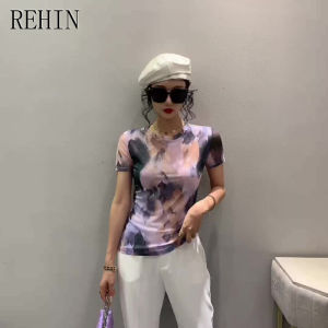REHIN Womens T-shirts New Summer fashion mesh unique printed short-sleeved T-shirt round-neck Slim thin elegant trend tops