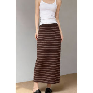MANMI | Vintage Stripe Knitted Skinny Half Skirt Brown