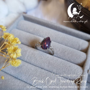 Black Opal Teardrop / Pear Ring in s925 (Sterling Silver) Adjustable Ring Band with Zircon - October Birthstone