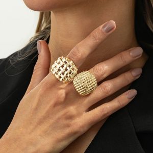Ingemark 2Pcs/Set Retro Irregular Hollow Texture Metal Ring Women Trendy Punk Open Adjustable Ring Aesthetic New Jewelry Gift