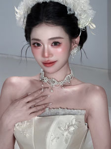 French Vintage Pearl Flower Necklace Bridal Dress Styling Photo Prop Accessory for Brides Alloy Multi-layer White Lockbone Chain