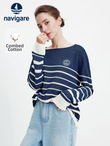 Navigare | Áo Sweater Kẻ Sọc Xanh Đơn Giản Mùa Xuân Thu