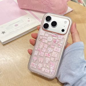 Sanrio | Pink Melody Hello Kitty Sticker Print Phone Case With 3D Pendant Transparent Shockproof Soft Cover For iPhone 15 16 17 Pro Max