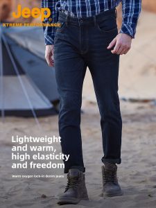 Jeep | Jeep Mens Outdoor Casual Jeans Windproof Warm Long Pants High Waist Washed Denim Autumn Winter New Arrival City Outdoor