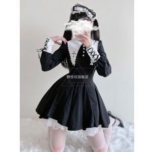 Japanese Style Halloween Lolita Dark Lolita Silm Slim Looking False Collar Sweet Cool Girl Long Sleeves Dress Op