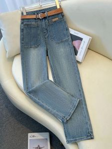 กางเกงยีนส์ผู้หญิงทรงท่อสูบบุหรี่เอวสูงกางเกงขาตรงยาวระดับข้อเท้ายอดนิยมแมทช์ลุคง่ายแบบใหม่ฤดูร้อนปี2024