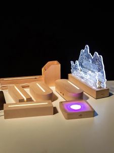 Creative Acrylic Wooden LED Illuminated Base DIY Crystal Salt Lamp Plug-In Base Charging Night Light Home Decor Lighting