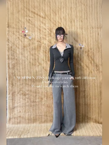 Áo thun tay dài cổ polo giả hai mảnh phong cách Hàn Quốc màu xám đậm dành cho nữ