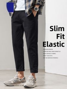 ROMON | Lormen Mens Cotton Casual Pants Straight Leg Thin Summer Business Trousers Black Pure Cotton Nine Points Leisure Trousers