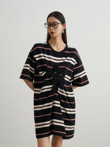 Summer Cats Stripes Casual T-shirt Dress Short Sleeve Crewneck Asymmetric Hem
