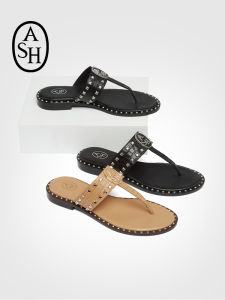 ASH Pacific Genuine Leather Rivet Womens Flip Flops Fashionable Flat Bottom Ankle Strap Slippers for Outdoor Wear Summer 2025