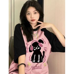 Girls Oversize Cotton T-shirt Shoulder Sleeve Insertion Loose Fit Summer New Style High School Students Pure Cotton Top