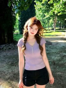 PEIXI | French V-neck Cap-sleeve Purple Knit Slim Fit t-shirt