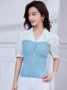 WANGGONGZHU | เสื้อยืดแขนสั้นผ้าไหมน้ำแข็งสำหรับผู้หญิงในช่วงฤดูร้อนปี 2025 ดีไซน์ใหม่ ทรงเข้ารูป ลายสก็อต คอกลม ปกติ