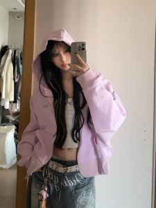 XIANGBAIWEI | Vintage Style Pure Color Embroidered Double Zipper Hoodie Casual Loose Short Cardigan