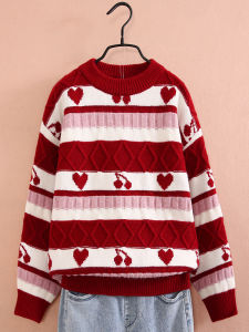 เสื้อสเวตเตอร์ถักนิตติ้งสำหรับเด็กผู้หญิงฤดูหนาว ทรงหลวม คอกลม แขนยาว เสื้อชั้นในสีแดง แฟชั่นสำหรับเด็กอายุ 9-14 ปี