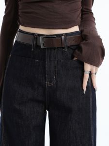 QIAOMIDUO | Quần jean nữ lưng cao ống rộng màu tối tôn dáng người quả lê.