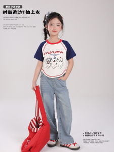 Cute Girls Short Sleeve T-Shirt Shoulder Insert Design Patchwork Cartoon Summer New Style Breathable Loose Fit round Neck Top