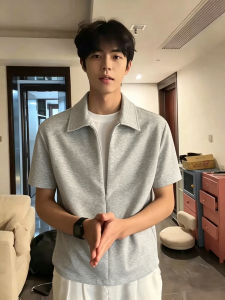 Light Gray Half-Zip Pseudo Two-Piece Collar T-Shirt