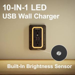 Ổ Cắm Điện Đa Năng Mỹ Tích Hợp Đèn Ngủ 6 Cổng AC 4 Cổng USB (2 Loại C) Gắn Tường Đa Chức Năng Dùng Cho Nhà Ở