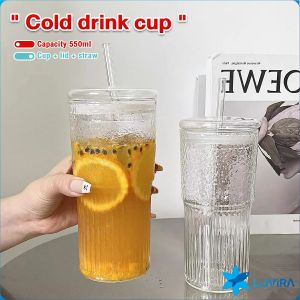 LoviRa 550ml Creative Glass Water Cup with Straw and Lid Juice Milk Tea Coffee Cold Drink Mug