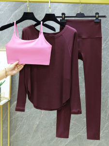 Womens Yoga Fitness Clothes Set Three Pieces Loose Fit Pilates Exercise Red Color Autumn Winter Long Sleeve Tight Pants
