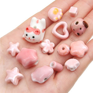 Cute Pink Handmade Ceramic Porcelain Beads Ball Bear Star Heart Flower Beads Charms for Necklace Bracelet Keychain DIY Jewelry Making Accessories