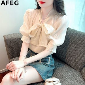 AFEG Solid color Korean version V-neck bow fashion loose embroidered chiffon bubble sleeve blouse for women