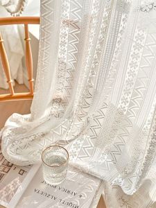 Retro Lace Window Curtain Balcony Heat Insulation Heat Proof Finished Product Curtain with Hooks for Bay Window Piercing